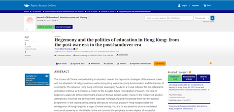 英文学术期刊《Hegemony and the politics of education in Hong Kong from the post-war era to the post-handover era》